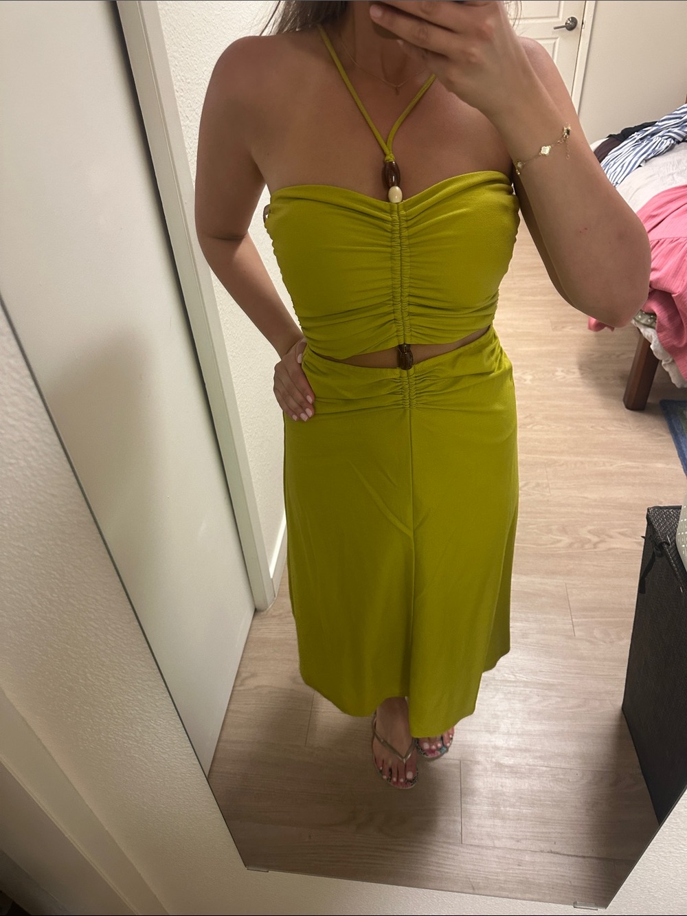 Zara Chartreuse Green Ruched Midi Dress